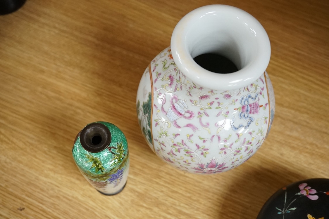 A Chinese famille rose vase, a powder box and an enamelled vase, largest 21cm high
